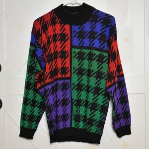 Vintage Glamour Knit houndstooth colorblock sweater long sleeve crew size M
